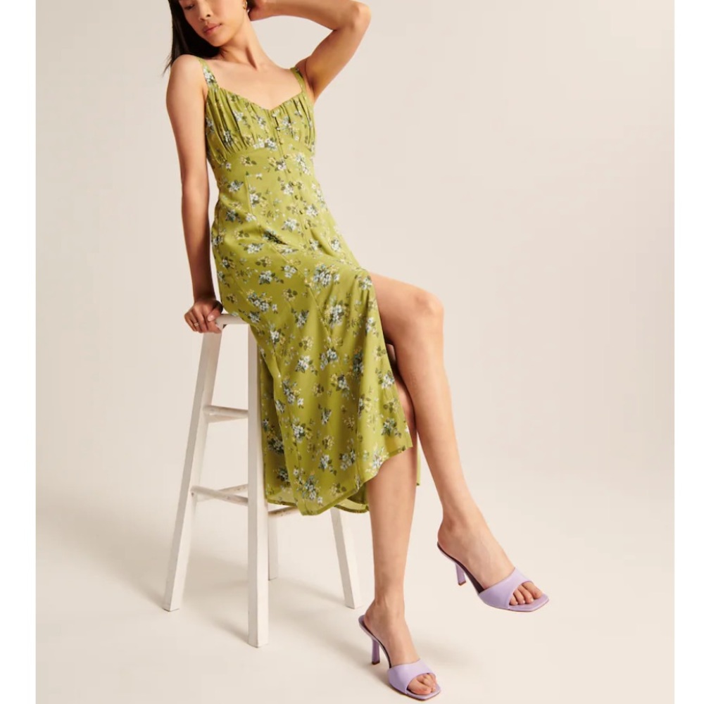 Abercrombie & Fitch Button-Through Slim Midi Dress Green Floral Medium